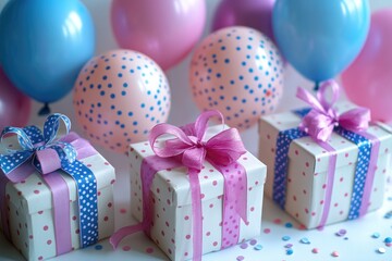 Poster - A colorful scene with wrapped gifts and balloons in the background, suitable for kids' birthday parties or celebrations