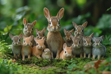 Sticker - A group of rabbits sitting on top of a lush green field, great for nature and outdoor scenes