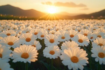 Poster - A serene landscape featuring a vast expanse of white flowers illuminated by the warm glow of sunset