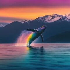 Poster - A whale jumping out of the water, surrounded by mountains