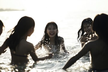 Poster - Group of friends having fun in the water, perfect for summer or beach-themed projects