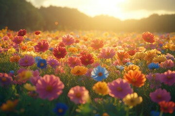 Aufkleber - A serene scene featuring a field of blooming flowers with the sun setting in the background