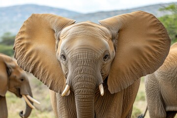 Aufkleber - Close-up view of an elephant's face, surrounded by other elephants in the background