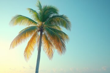 Poster - A palm tree stands tall on a sunny beach, perfect for tropical vacation scenes or relaxation imagery