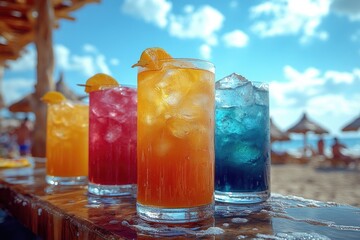 Aufkleber - A row of colorful drinks sitting on a wooden table, perfect for a party or gathering