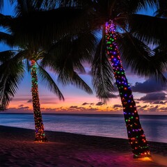 Poster - Two palm trees decorated with Christmas lights on a beach
