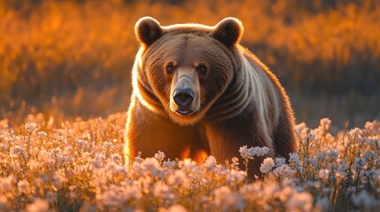 Sticker - A brown bear walking through a beautiful field of flowers, suitable for environmental or wildlife use