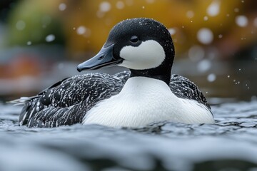 Wall Mural - A black and white duck swimming in a body of water