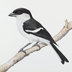 Poster - A close-up shot of a black and white bird sitting comfortably on a branch, with its feathers ruffled slightly