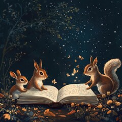 Poster - Three playful squirrels sit together on an open book, surrounded by leaves and natural elements