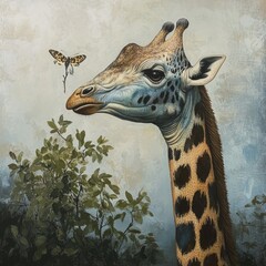 Aufkleber - A giraffe and a butterfly standing together in a natural setting