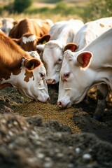 Poster - A group of cows eating food from a trough
