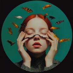 Poster - A woman with her eyes closed enjoys the tranquility of nature as fish swim and fly around her