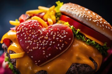 Poster - A heart-shaped cheeseburger served with crispy fries and juicy tomatoes, perfect for a romantic dinner or a fun food photo shoot