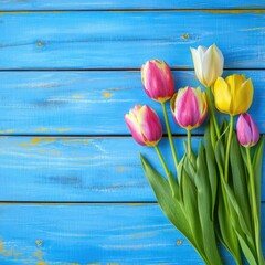 Poster - Fresh tulips in shades of yellow and pink arranged on a blue wooden table, perfect for spring decor or still life photography