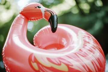 Poster - A pink inflatable flamingo floating on calm water, perfect for summer vibes or pool parties