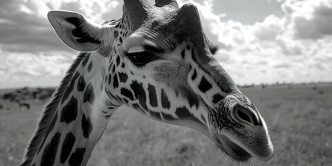 Aufkleber - A close-up view of a giraffe's face in a natural grassland setting