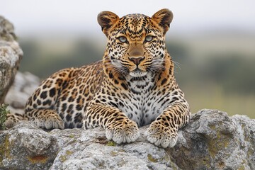 Poster - A leopard sits atop a rock formation in its natural habitat
