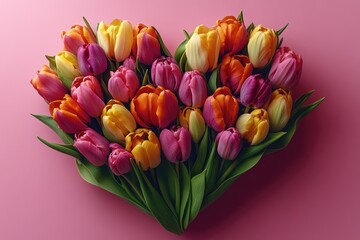 Poster - A heart-shaped arrangement of tulips on a pink background, perfect for romantic occasions or as a decorative element