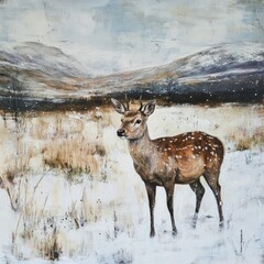 Wall Mural - A picture of a deer standing in a snowy field with trees and hills in the background