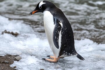 Poster - A penguin waddling on the beach, surrounded by calm waters and possibly looking for fish