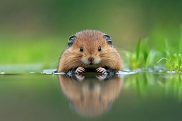 Poster - A small rodent sits on the surface of a calm body of water