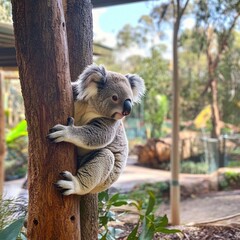 Poster - A koala bear perched on the branch of a tree, looking up or out at something