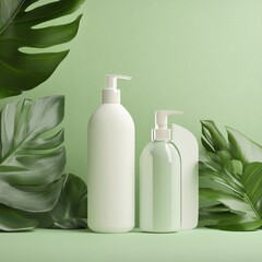 Poster - A bottle of lotion sits next to a lush green plant