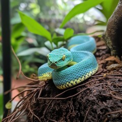 Wall Mural - A blue and yellow snake perched high above the ground, surveying its surroundings