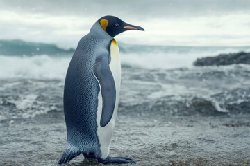 Poster - A penguin standing alone on a sunny beach next to the ocean, ready for adventure