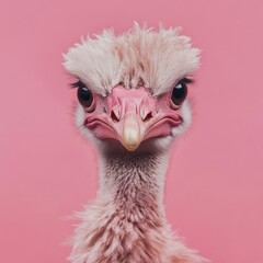 Fototapete - A close-up view of an ostrich's head on a pink background, ideal for designs and projects that require unique wildlife imagery