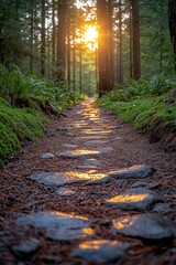 Poster - Woodland pathway with sunlight filtering through the trees, perfect for nature and outdoor themed projects