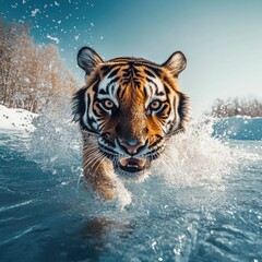 Canvas Print - A tiger swimming through the water