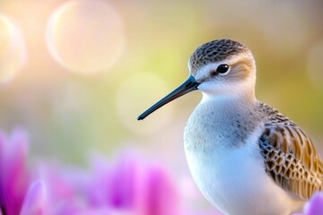Poster - A single bird with a distinctive long beak stands amidst a colorful field of flowers