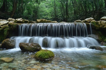 Poster - A serene waterfall surrounded by dense foliage and vibrant greenery, perfect for nature-inspired designs