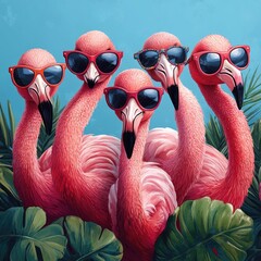 Aufkleber - A group of flamingos wearing sunglasses, a unique and playful scene