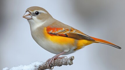Poster - A small bird perched on the tip of a snowy tree branch, surrounded by winter scenery