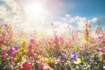 Poster - A colorful field of flowers with the warm sunlight shining through, perfect for adding a touch of nature to your project