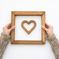 Poster - A person holds a wooden heart in a decorative frame, a symbol of love and affection