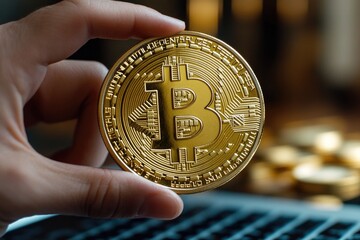 Aufkleber - A person holds a Bitcoin near a laptop, great for financial or tech-related uses