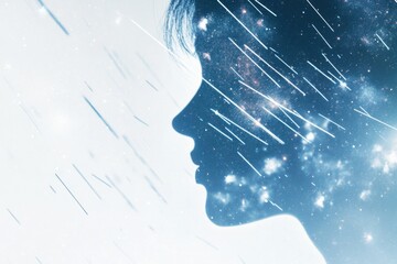 Poster - A person stands in the rain against a grey sky background