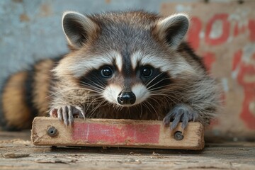 Poster - A raccoon sitting on top of a piece of wood, possibly in a forest or backyard
