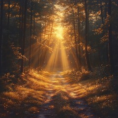 Poster - A serene scene with sunlight peeking through the treetops, ideal for use in nature-inspired designs or projects