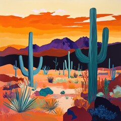Poster - A scenic view of a desert with multiple cactus trees, ideal for use in travel or nature-related projects
