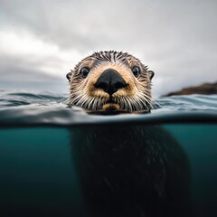 Aufkleber - A close-up view of a sea otter swimming in the water, with its fur and paws visible