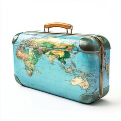 Poster - A blue suitcase with a globe-shaped map of the world printed on it