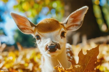 Poster - A young deer stands amidst a pile of fallen leaves, its soft fur blending with the natural surroundings