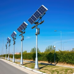 Solar-powered street lights on suburban roadside against clear blue sky