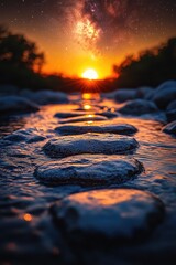 Poster - A serene scene of a sunset over a river with stepping stones, great for travel or nature-inspired designs