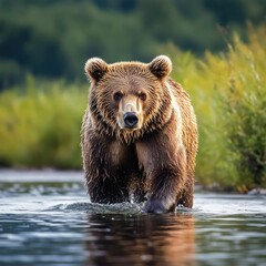 Poster - A brown bear walks through a body of water